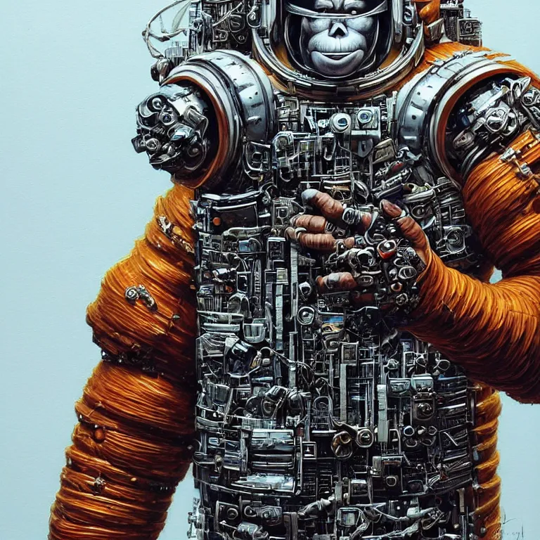 Image similar to a portrait of a muscular anthropomorphic cyberpunk orangutang in spacesuit armor with ensignia on chest plate by sandra chevrier, by jon foster, detailed render, pistol in holster, extremely hyperdetailed, tape deck, epic composition, cybernetics, 4 k realistic, cryengine, realistic shaded lighting, sharp focus, masterpiece, by enki bilal