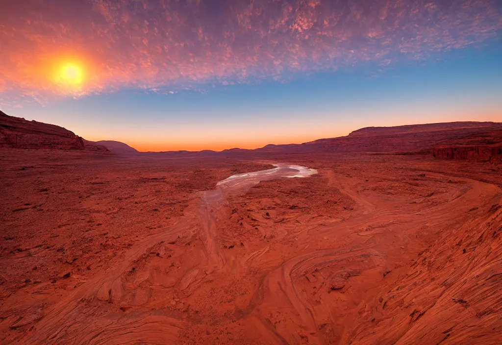 Image similar to a river bend running through a canyon surrounded by desert mountains at sunset on mars, planet mars, moab, utah, a tilt shift photo by frederic church, trending on unsplash, hudson river school, photo taken with provia, national geographic photo