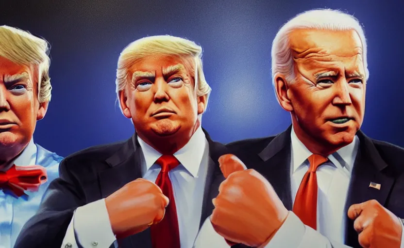 Image similar to a beautiful painting of donald trump and joe biden in a boxing match, cinematic angle, studio lighting, movie concept, trending on artstation, octane render, 8 k, ultra high detail