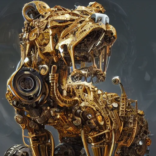 Image similar to a biomechanical lion made of scrap metal, cyberpunk, macro, intricate, elegant, highly detailed, digital painting, artstation, biolusence, concept art, sharp focus, art by artgerm and greg rutkowski and alphonse mucha, 8 k