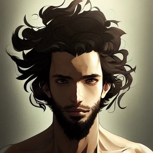 Image similar to Portrait of man with Tousled Curls type hair and Brown Indonesian-type skin, atmospheric lighting, intricate detail, cgsociety, ambient light, dynamic lighting, anime style by Yusuke Kozaki