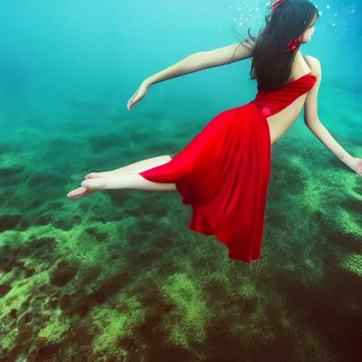 Image similar to fashion model girl in red silk underwater