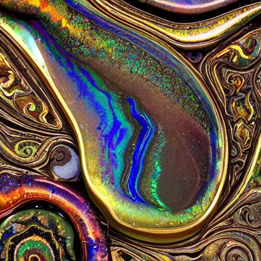 Prompt: Art Nouveau cresting oil slick waves, hyperdetailed bubbles in a shiny iridescent oil slick wave, ammolite, dinosaur bone, detailed giant opalized ammonite shell, black opal, abalone, paua shell, ornate copper patina medieval ornament, rococo, organic rippling spirals, octane render, 8k 3D, druzy geode, cresting waves and seafoam