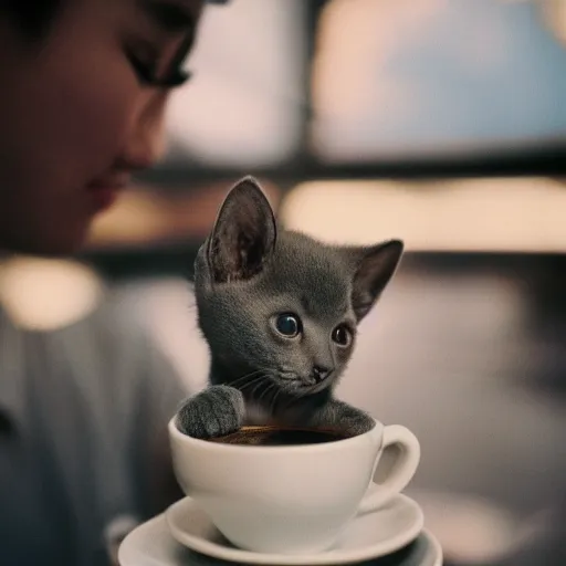 Prompt: ultra high quality photograph of a korat kitten drinking a cappuccino, lighting dim, kodak etkar 1 0 0