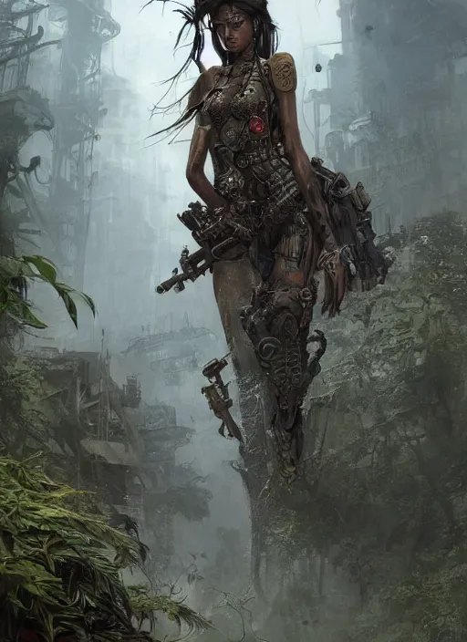 Prompt: cover illustration of a young very beautiful cute tribal woman with a steampunk gun, in a post apocalyptic city overgrown with lush vegetation, by Luis Royo, by Greg Rutkowski, dark, gritty, intricate, concept art, volumetric lighting, volumetric atmosphere, octane render, trending on artstation, 8k