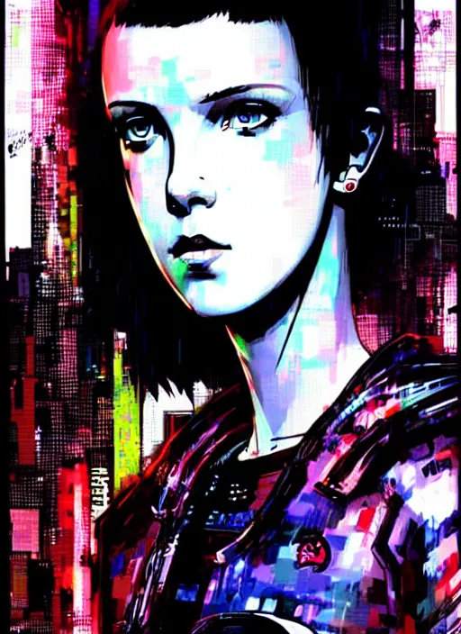 Image similar to Portrait of Cyberpunk Millie Bobby Brown by Yoji Shinkawa