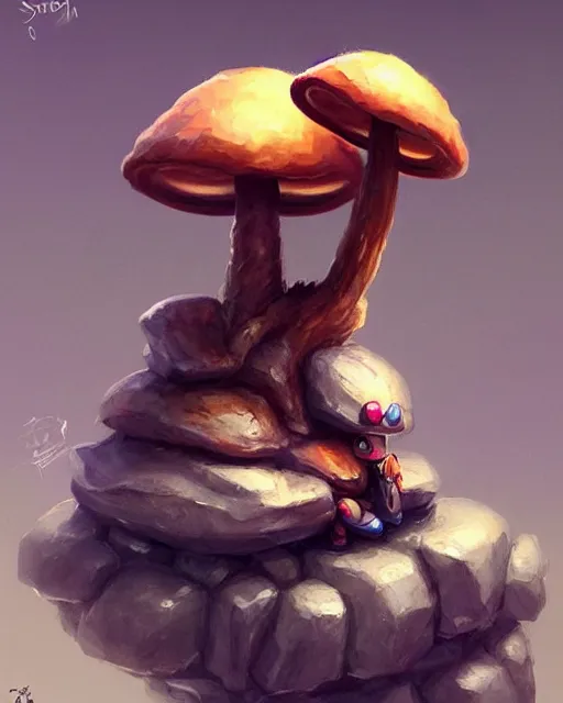 Prompt: concept art of a mushroom creature, wearing tight clothes made of rocks, sitting on a rock in a cave | | cute - fine - fine details by stanley artgerm lau, wlop, rossdraws, and sakimichan, trending on artstation, brush strokes