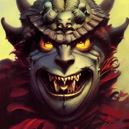 Image similar to head and shoulders portrait of a rakshasa, d & d, fantasy, greg rutkowski, frank frazetta, alexandre chaudret, boris vallejo, michael whelan, miro petrov, hr giger, magali villeneuve, donato giancola