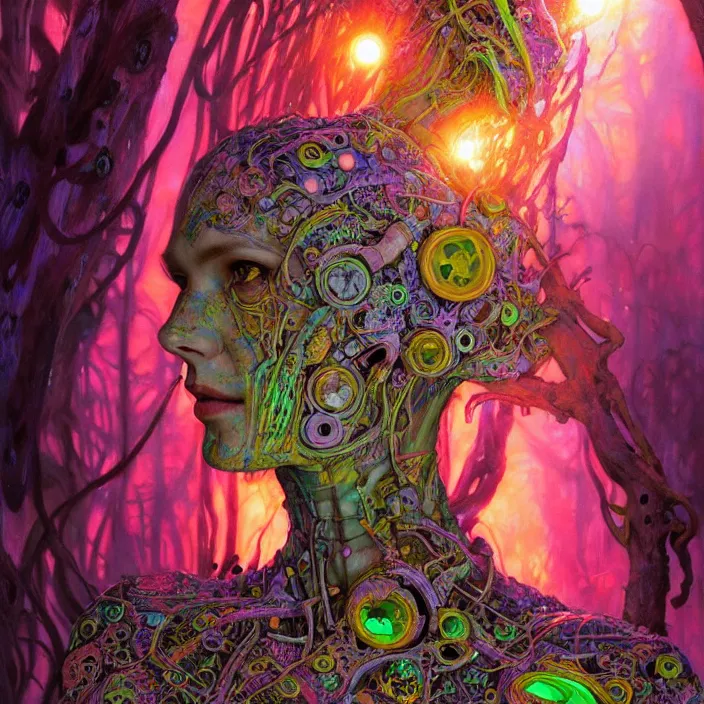 Image similar to bright psychedelic portrait of organic cyborg covered in mud in an ancient forest, diffuse lighting, fantasy, intricate, elegant, highly detailed, lifelike, photorealistic, digital painting, artstation, illustration, concept art, smooth, sharp focus, art by John Collier and Albert Aublet and Krenz Cushart and Artem Demura and Alphonse Mucha