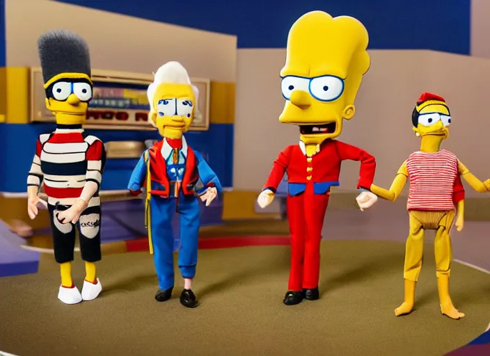 Prompt: still from a live - action tv show in the style of thunderbirds with marionette puppets, starring the characters of the simpsons in springfield. wooden puppets wearing clothing made of fabric. photographic ; realistic ; highly - detailed.