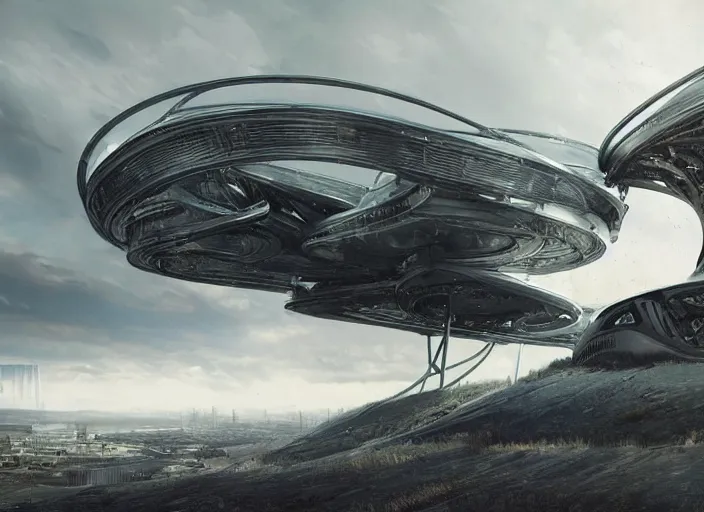 Prompt: cult of technology, metal brain, exterior, scifi, machines, artificial intelligence, ribbon chapel, ultra realistic, highly detailed, futuristic landscape, beautiful city, futurism, drone point of view, atmosphere, sunny day, masterpiece, epic lighting, highlights, year 2 0 4 0, cinematic, art by jan urschel and neil blevins