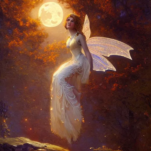 Image similar to attractive fairy magically floating high in the night, fantasy, full moon in background. highly detailed painting by gaston bussiere, craig mullins, j. c. leyendecker, mid shot, 8 k realistic, cryengine, frostbite 3 engine, sharp focus