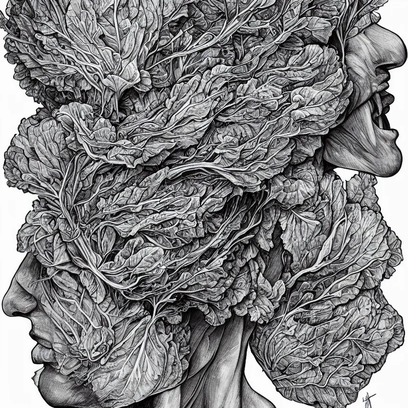 Image similar to the anatomy of a head of lettuce, jojo's bizarre adventure, an ultrafine detailed painting by james jean, intricate linework, studio ghibli, behance contest winner, vanitas, angular, altermodern