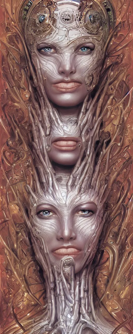 Prompt: a robotic goddess with transparent skin, highly detailed, digital painting, smooth, sharp, beautiful face, expressive eyes, highly intricate, art by Boris Vallejo and H.R. Giger