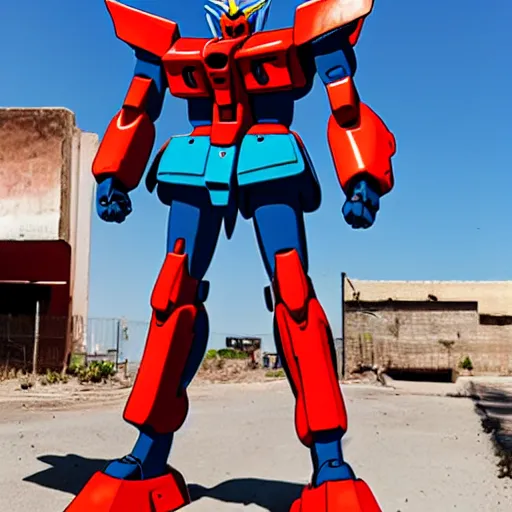 Prompt: A gundam standing in the street of an old dusty Mexican town