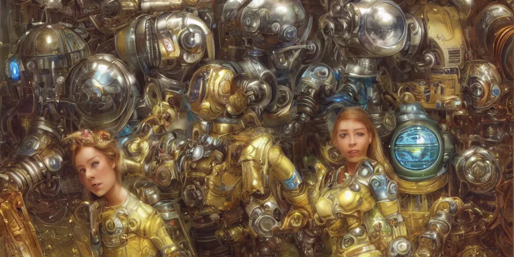 Image similar to many derpy shiny mechanical android robots, Lilia Alvarado, Sophie Anderson, Mark Arian, Bob Byerley, Charlie Bowater, Mark Brooks, Steve Henderson, Justin Gerard, Arthur Hughes, Edward Robert Hughes, Mark Keathley, Victor Nizovtsev, Carlos Shwabe, Ross Tran, WLOP