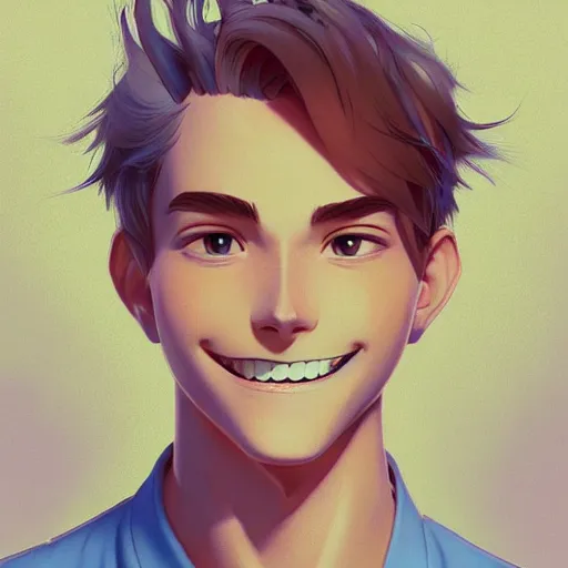 Image similar to young man with short, ash blond greyish hair, happy and smiling, path traced, highly detailed, high quality, digital painting, by don bluth and ross tran and studio ghibli and alphonse mucha, artgerm, sylvain sarrailh