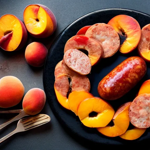 Image similar to a plate of breakfast foods containing sliced peaches and sausage linked, food photography, hyperdetailed