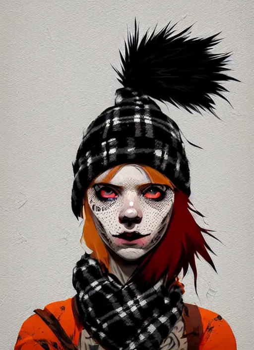 Image similar to highly detailed portrait of a sewer punk lady student, freckles, beanie cap, tartan scarf, white hair by atey ghailan, by greg rutkowski, by greg tocchini, by james gilleard, by joe fenton, by kaethe butcher, gradient, orange, black, brown and cream color scheme, grunge aesthetic!!! white graffiti tag wall background