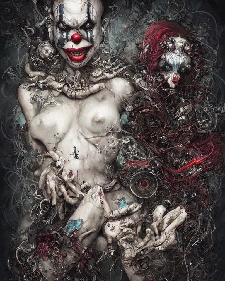 Prompt: Beautiful Hyperdetailed Clown Playing Card a cybergoth fantasy portrait by Santiago Caruso and Nekro and Seb McKinnon, vivid color, unstirred paint, cgsociety 4K.