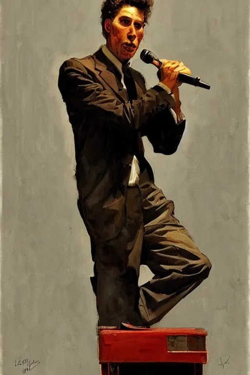 Image similar to kramer holding a microphone on stage, painting by jc leyendecker!! phil hale!, angular, brush strokes, painterly, vintage, crisp