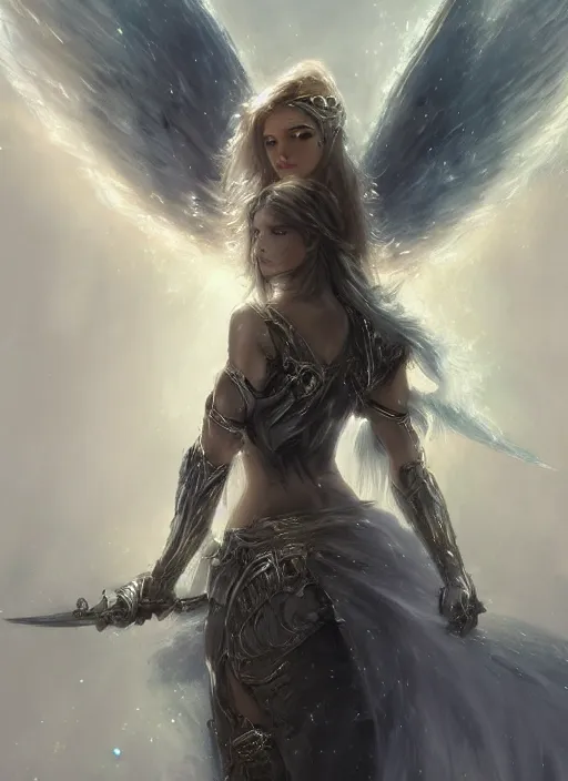 Prompt: concept art, angel knight girl. by artstation trending, by joseph mallord william turner, luis royo, konstantin razumov, cinematic lighting, highly detailed