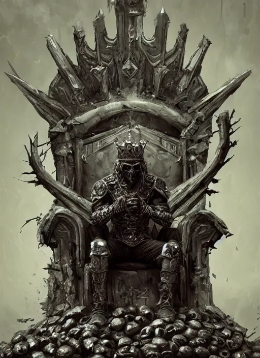 Image similar to the ruined king sitting on a throne made of skulls, concept art, digital illustration, trending on artstation, deviantart, artgerm, epic composition, masterpiece, highly detailed, perfect face, realistic face, wlop, ross draws