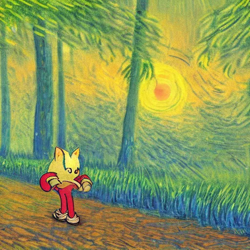 Image similar to sad painting of detailed sonic the hedgehog in the woods at night, in the style of studio ghibli and moebius and claude monet and edward hopper and vincent van gogh