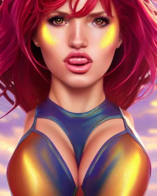 Prompt: ultra realistic photograph, bella thorne as starfire anime, shiny plastic bikini, intricate, elegant, highly detailed, digital painting, artstation, concept art, smooth, sharp focus, illustration, art by artgerm and greg rutkowski and alphonse mucha and wlop