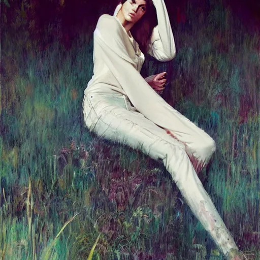 Prompt: fashion model kendall jenner by Danny O'Connor by Richard Schmid by Jeremy Lipking by moebius by atey ghailan