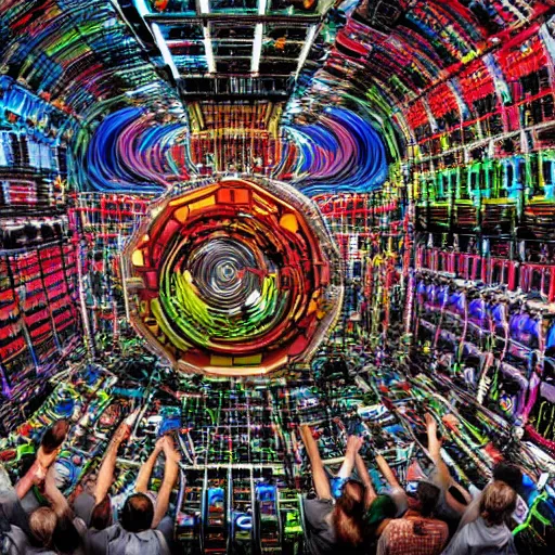 Image similar to diverse groups of humans destroying the supercomputer, from behind, rebirth, beauty, wide angle, elaborate, wet, highly detailed, colors, beautiful lighting