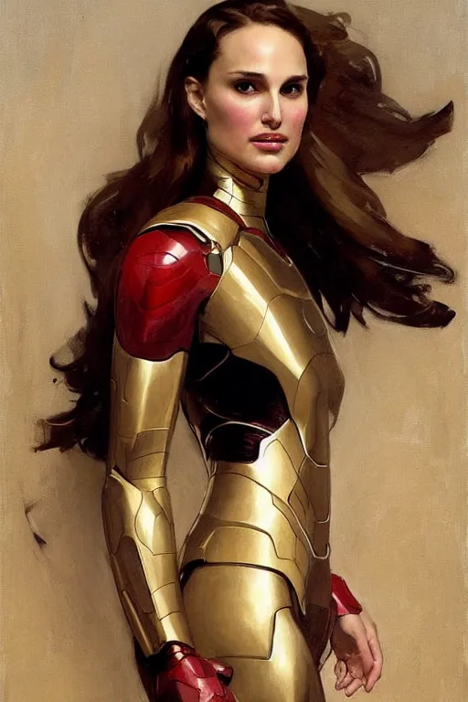 Prompt: elegant portrait of natalie portman as iron man by greg manchess, mucha, william adolphe bouguereau, john singer sargent, sorolla, winslow homer, dean cornwell, james gurney, daniel gerhartz