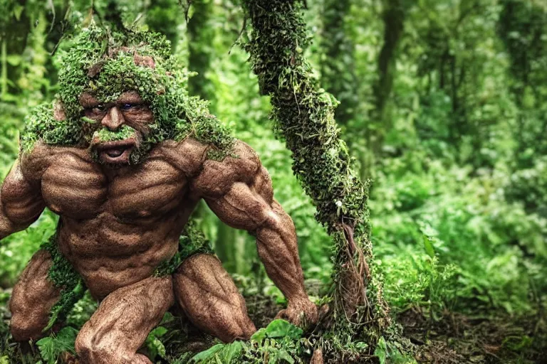 Image similar to highly detailed photo of a muscular troll covered in plants ivy mud earth tree roots electronic wires