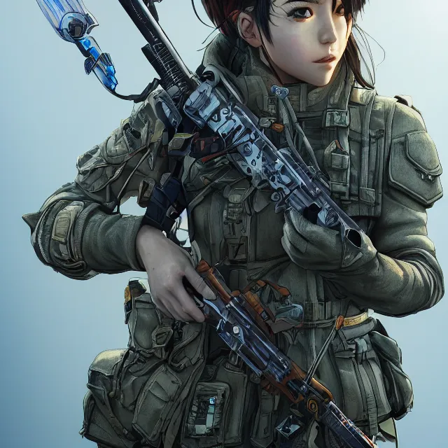 Prompt: the portrait of lawful neutral female futuristic marine sniper as absurdly beautiful, gorgeous, elegant, young anime girl, an ultrafine hyperdetailed illustration by kim jung gi, irakli nadar, intricate linework, bright colors, octopath traveler, final fantasy, unreal engine 5 highly rendered, global illumination, radiant light, detailed and intricate environment