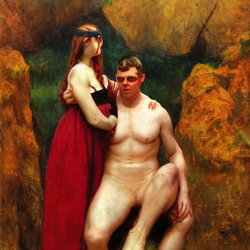 Prompt: little devils were sitting on the shoulder of the man. by arnold bocklin and herbert james draper . oil on wood. highly detailed trending on artstation