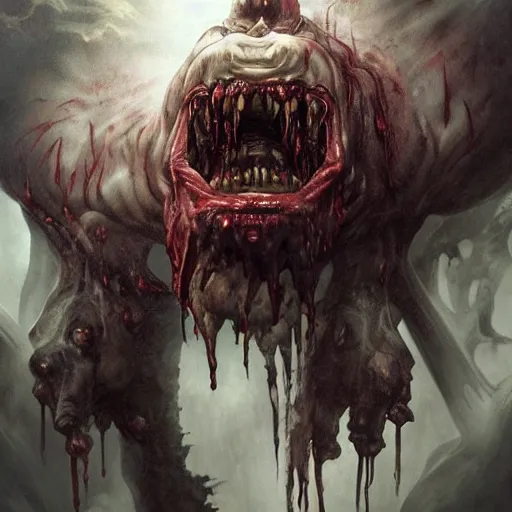 Image similar to Dark Fantasy Painting of a hulking muscular demonic flesh creature with drool dripping from its mouth, creepy, unsettling, horror, upper body, intricate, wild, highly detailed, digital painting, artstation, concept art, smooth, sharp focus, illustration, art by artgerm and greg rutkowski and alphonse mucha