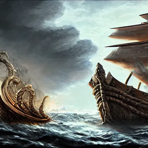 Prompt: kraken breaking epic viking ship, kraken, wrecked ship, centered in picture, epic fantasy, detailed, intricate, digital painting, concept art, realistic, smooth, focus, rim light