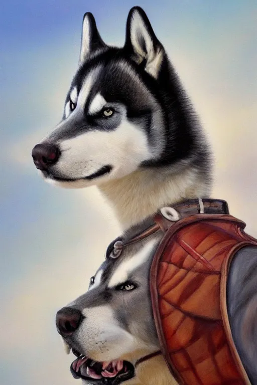 Prompt: a portrait painting of a husky in cowboy costume on the horse, anime, furry, humanoid, personify, anthropomorphic