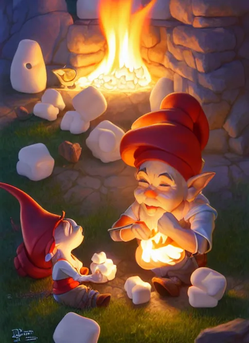 Prompt: cute gnomes roasting marshmallos, natural lighting, path traced, highly detailed, high quality, digital painting, by don bluth and ross tran and studio ghibli and alphonse mucha, artgerm