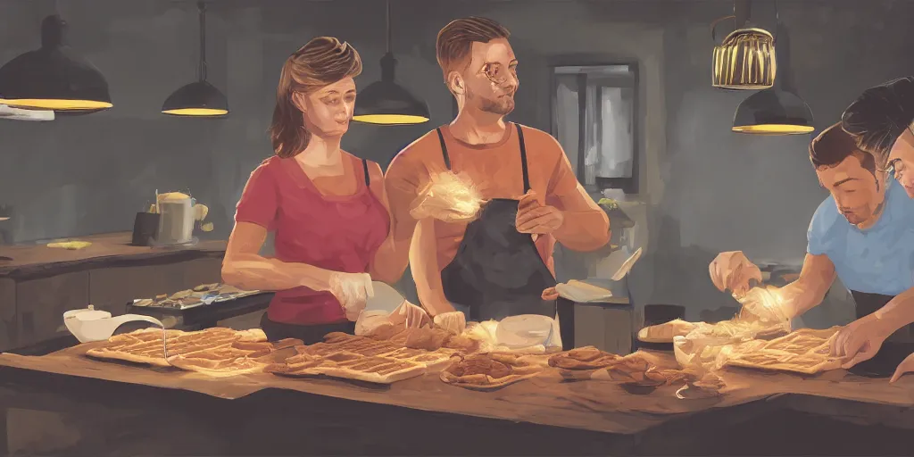 Image similar to A woman and man baking waffles together, digital art, epic lighting