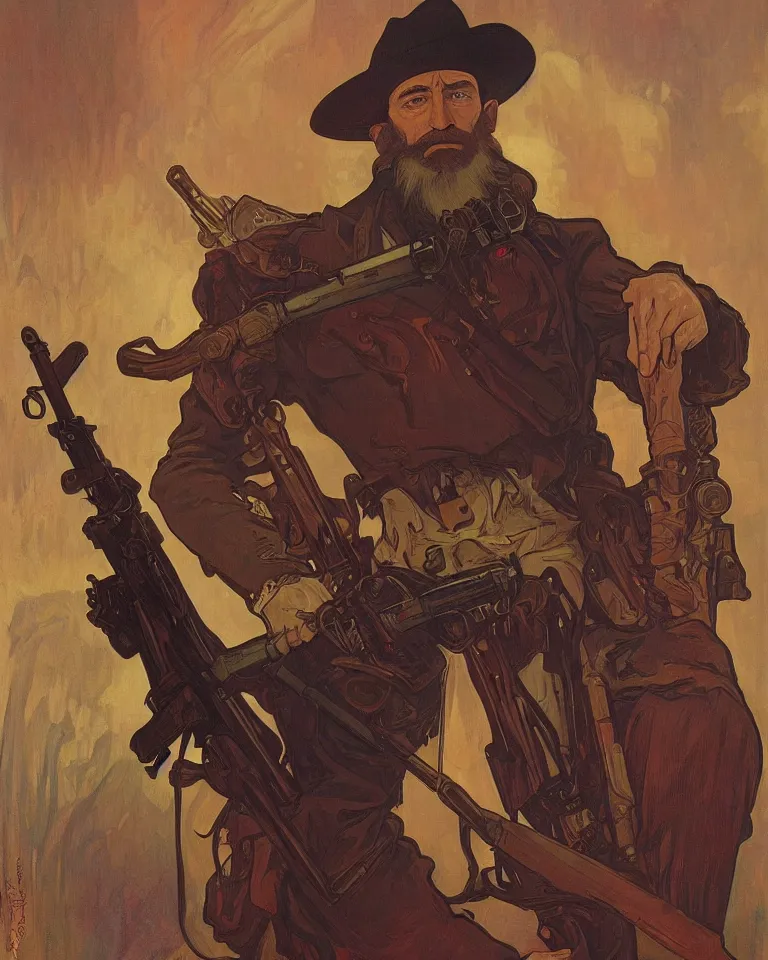 Prompt: a stylized portrait of John Brown with a long beard holding a futuristic rifle, stylized, volumetric light, rembrandt lighting, hyperdetailed concept art by Bilquis Evely and Alphonse Mucha and Dan Mumford, 8k