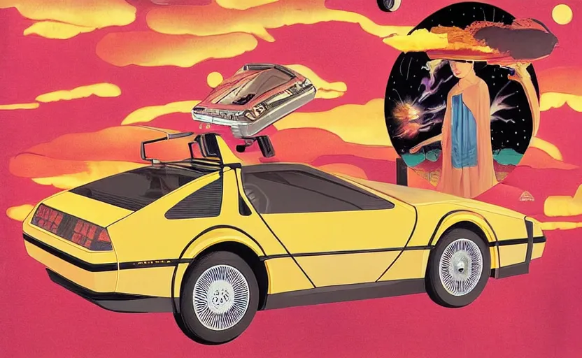 Prompt: a yellow delorean in red clouds above, golden hour, art by salvador dali, hsiao - ron cheng & utagawa kunisada, magazine collage, colourful,