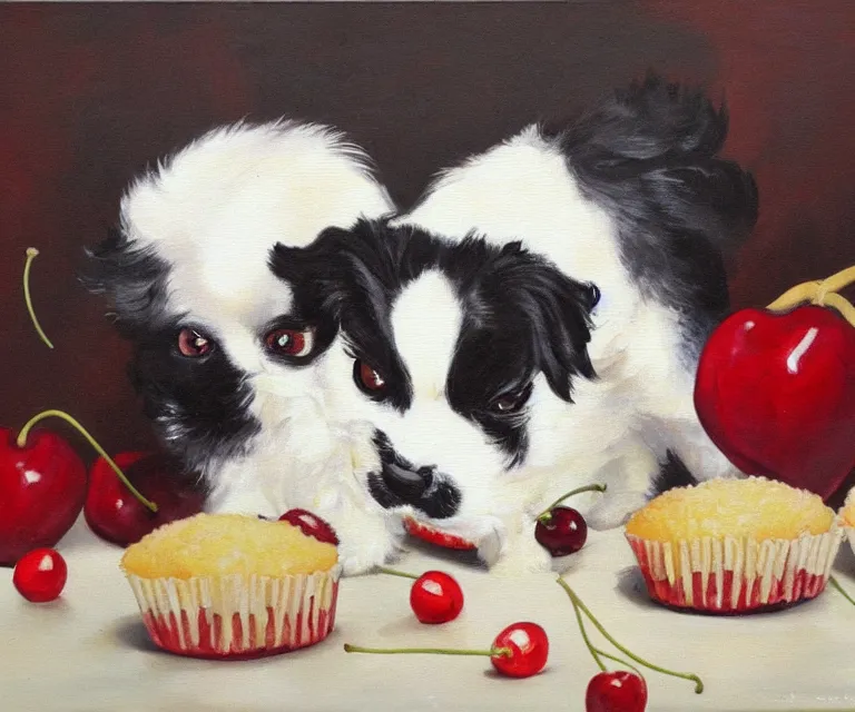 Image similar to white and black japanese chin dog eating cherry muffins, oil painting