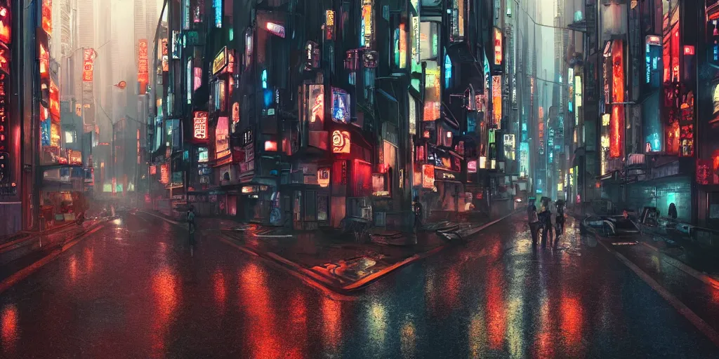 Image similar to Cyberpunk street on a rainy day in Japan, evening, low angle view, detailed matte painting, cinematic, Moebius, Artstation