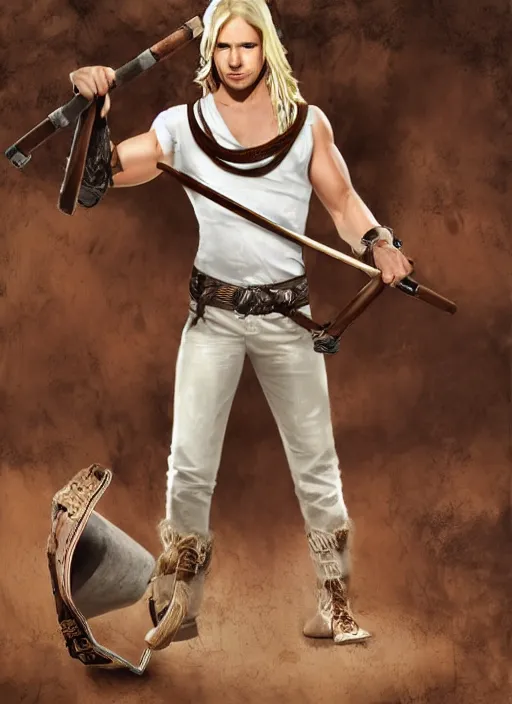 Image similar to a male ranger with a bongo drum and nunchucks,, dnd, wearing a leather vest and white linen pants, chiseled good looks, long swept back blond hair, puka shell necklace, digital art