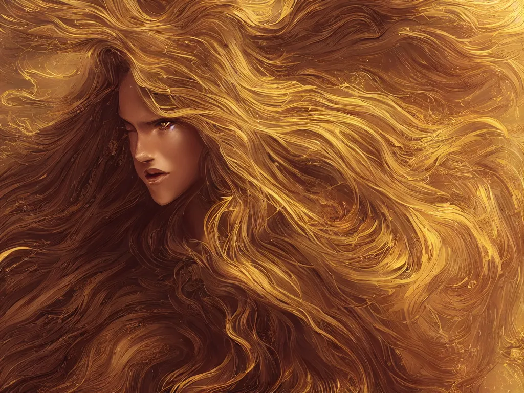 Image similar to a voluminous, amorphous, blob of flowing hair. Epic golden intricate, elegant, highly detailed, digital painting, artstation, concept art, smooth, sharp focus, illustration, art by Zbrush