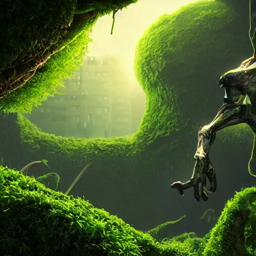 Image similar to cinema 4D colorful render, utopian jungle in space , a detailed zoned in human anatomy veins, nature, heavy green, dramatic lens flares, apes hanging from vines, a evil dark sun , depth field, unreal engine, sharp, incredible detail, professional composition, quality digital art, 4k, 4k concept art and hyper realism