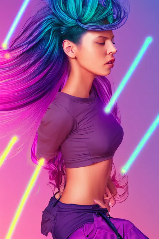 Image similar to a award winning half body portrait of a beautiful woman in a croptop and cargo pants with ombre purple pink teal hairstyle with head in motion and hair flying, surrounded by whirling illuminated lines, outrun, vaporware, shaded flat illustration, digital art, trending on artstation, highly detailed, fine detail, intricate