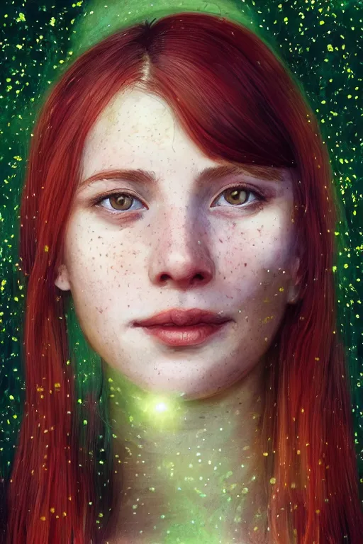 Image similar to infp young woman, smiling, amazed by golden fireflies lights, sitting in the midst of nature fully covered, long loose red hair, intricate linework, green eyes, small nose with freckles, oval shape face, realistic, expressive emotions, dramatic lights, spiritual scene, hyper realistic ultrafine art by cecco del caravaggio and albert bierstadt and artgerm