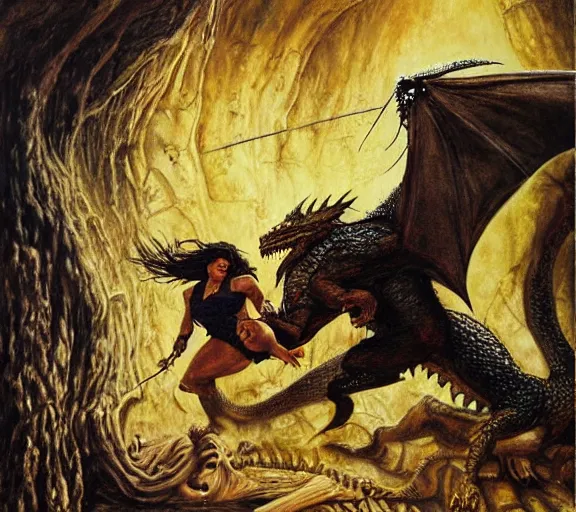 Prompt: intricate painting of salma hayek fighting a dragon by dariusz zawadski and alan lee, contemporary, creepy, acrylic